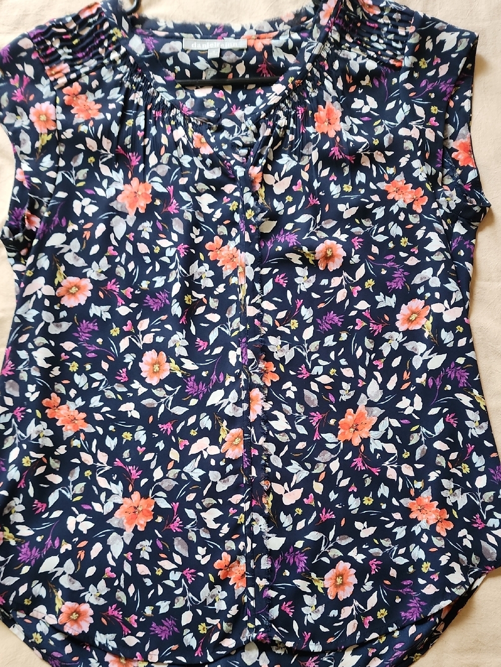 Daniel Rainn Navy Floral Blouse with Coral and Purple Accents